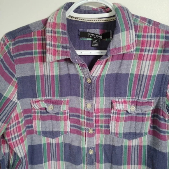 Coupé Pink/Blue/Green Plaid Flannel Shirt, L - Picture 2 of 7